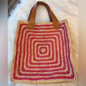 Mar Y Sol Panama geometric boho Tote/ leather handles, double sided design